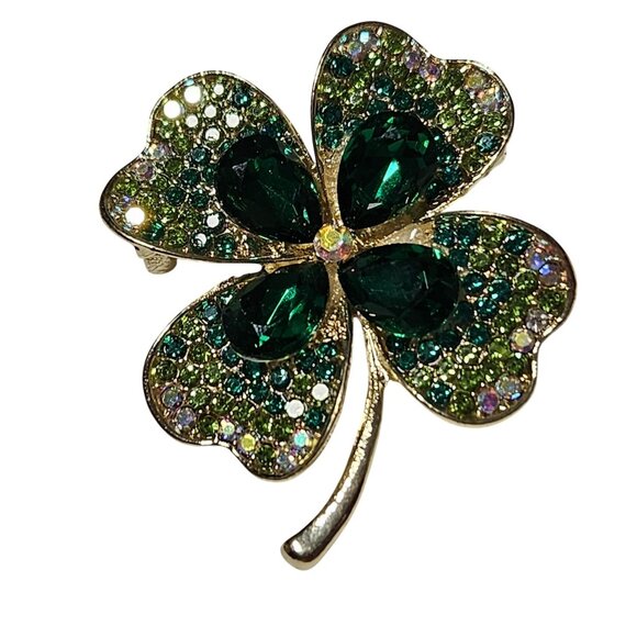 Four Leaf Clover Green Rhinestone Brooch Pin St Patricks Day Good Luck Jewelry - Picture 1 of 3